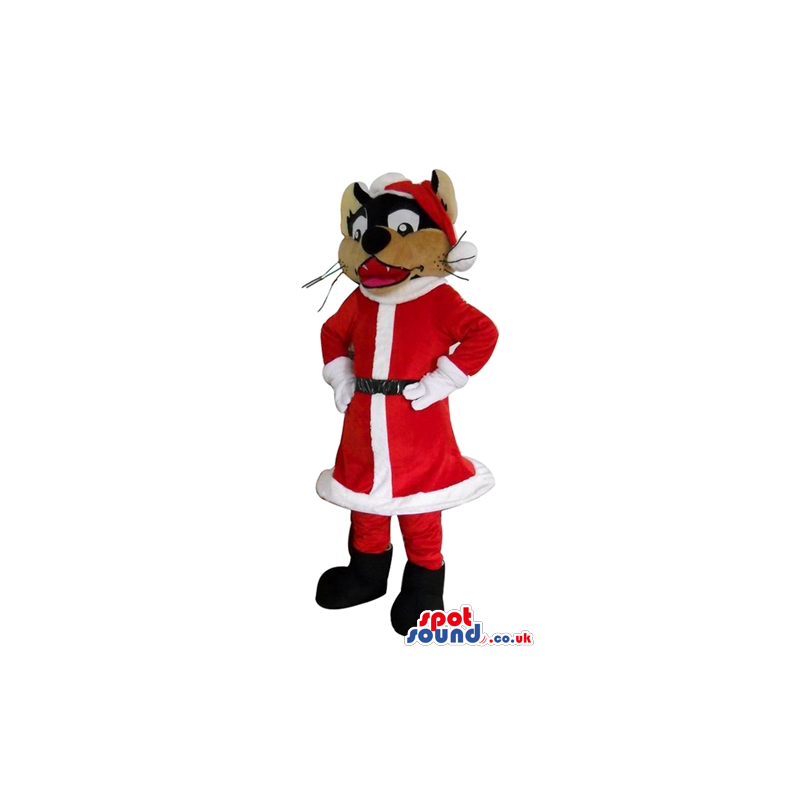 Brown cat dressed as santa claus - Custom Mascots