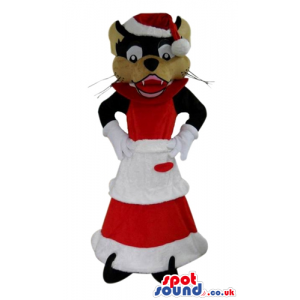 Brown cat dressed as miss santa claus - Custom Mascots
