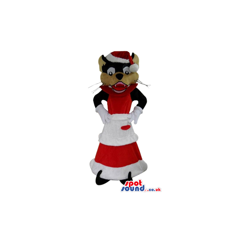 Brown cat dressed as miss santa claus - Custom Mascots