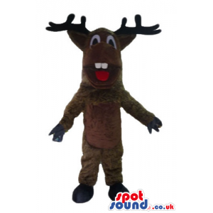 Brown moose with black horns and two teeth - Custom Mascots