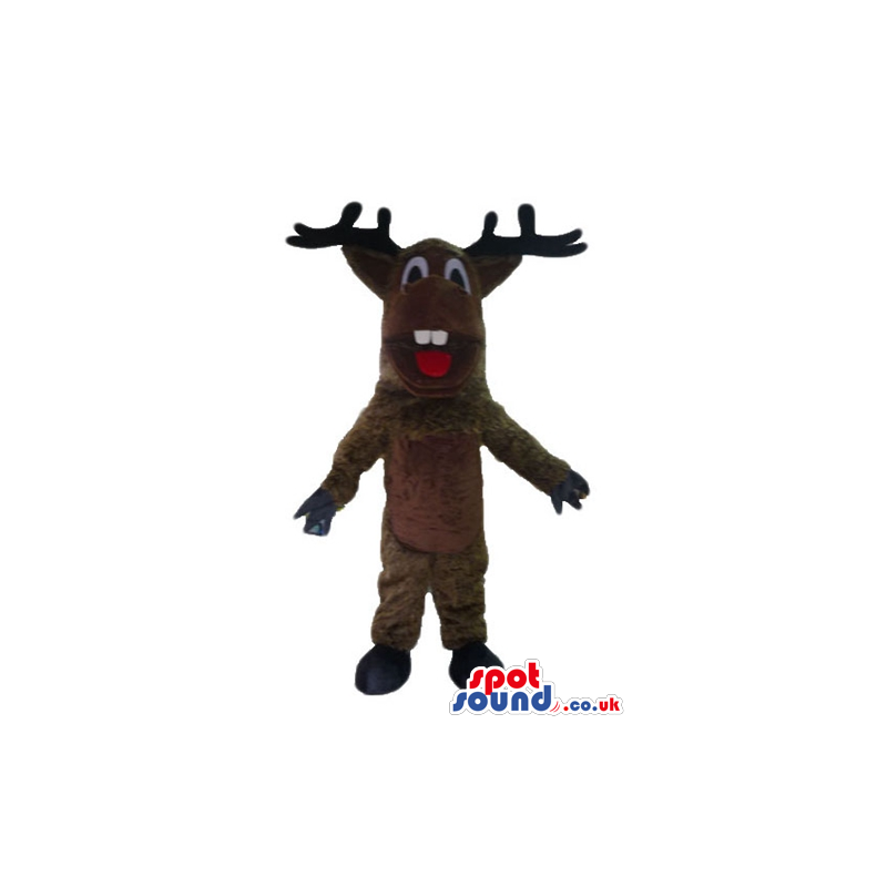 Brown moose with black horns and two teeth - Custom Mascots