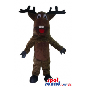 Brown moose with black horns and two teeth - Custom Mascots