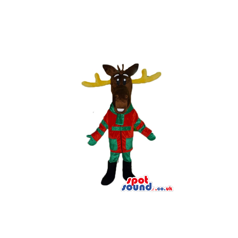 Brown moose with yellow horns wearing a red and green suit -