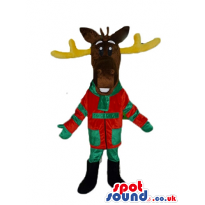 Brown moose with yellow horns wearing a red and green suit -