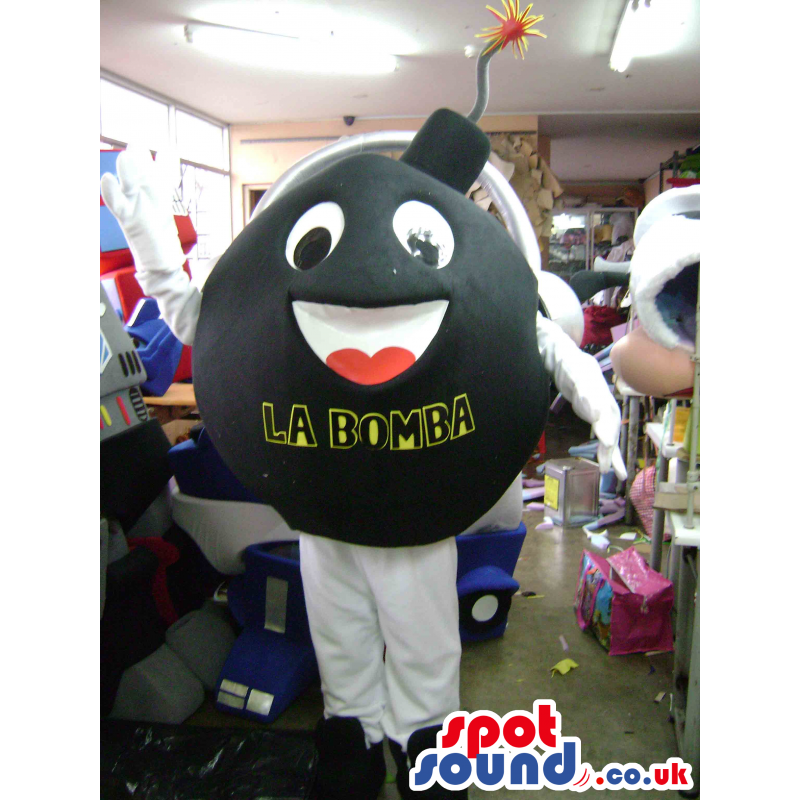 Black Bomb Mascot With Letters And Funny Face - Custom Mascots