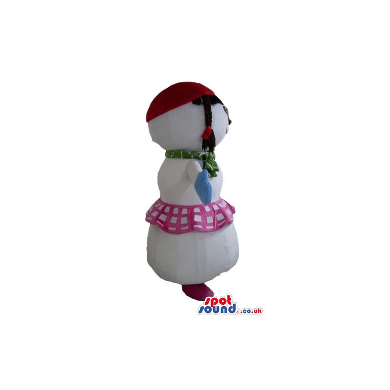 Snow woman with a pink and white skirt, a red hat, light-blue