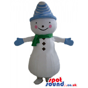 Snowman wearing light-blue gloves, a light-blue and white hat