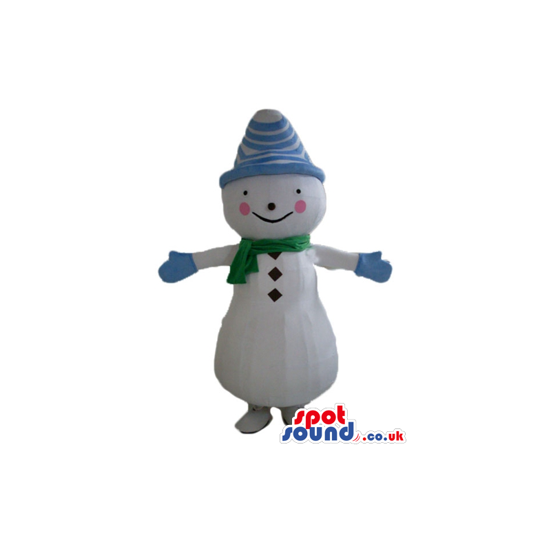 Snowman wearing light-blue gloves, a light-blue and white hat