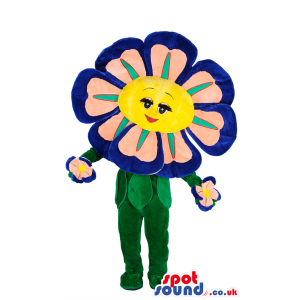 Flower Mascot With Blue Petals, Green Leaves And Lovely Face -