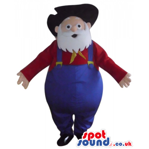 Fat old man with a white beard wearing blue gardener trousers