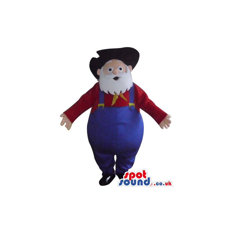 Fat old man with a white beard wearing blue gardener trousers