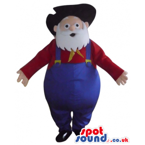 Fat old man with a white beard wearing blue gardener trousers