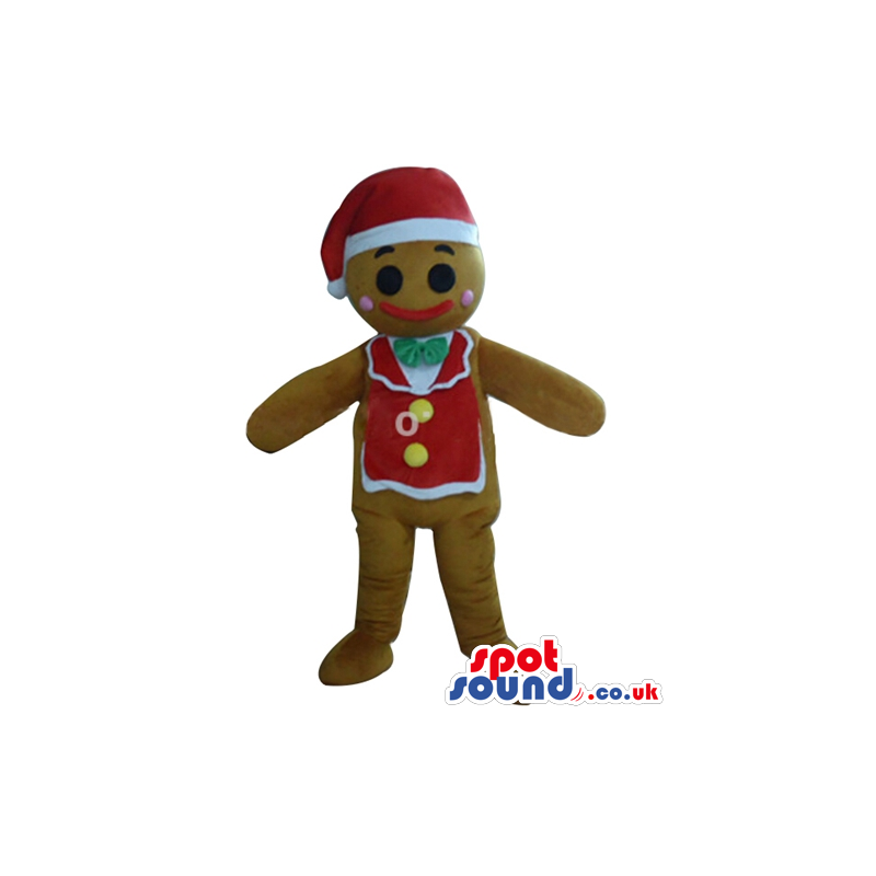 Ginger bread man wearing a santa claus hat and a red vest with
