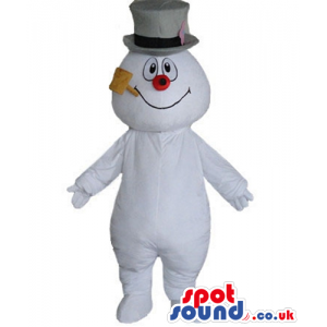Snow man with a red nose wearing a grey tophat and smoking a