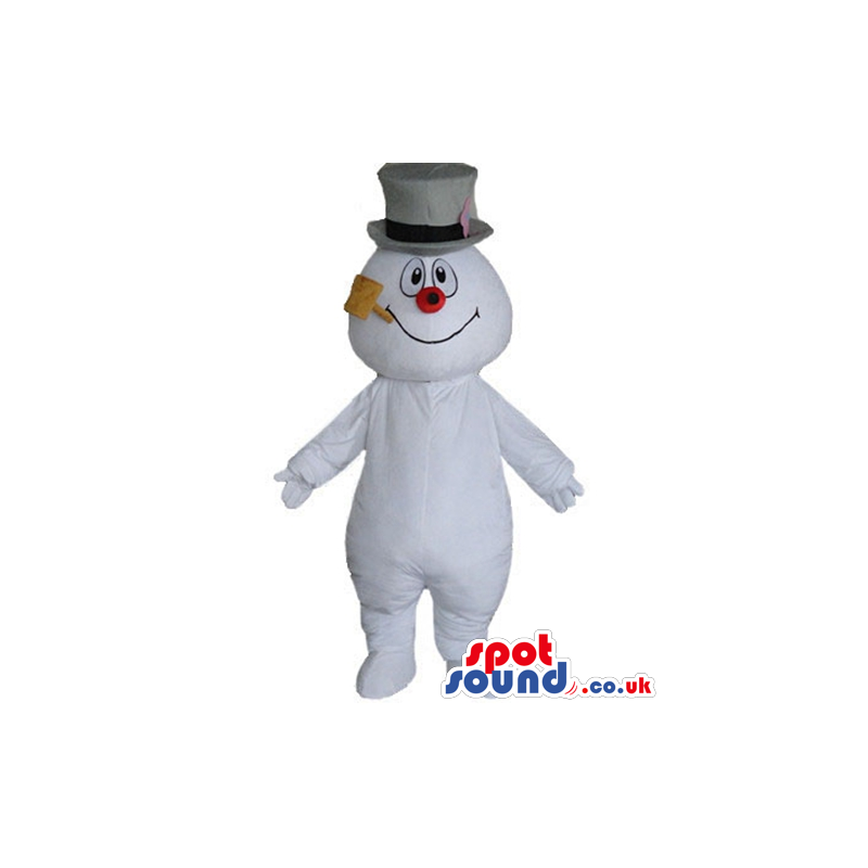 Snow man with a red nose wearing a grey tophat and smoking a