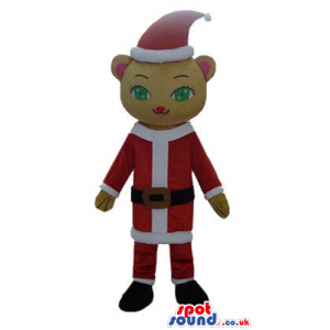Beige cat with green eyes and a red nose wearing santa's suit -