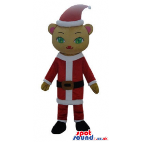 Beige cat with green eyes and a red nose wearing santa's suit -