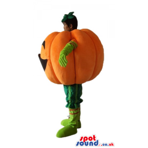 Smiling orange pumpkin with green arms and legs - Custom Mascots