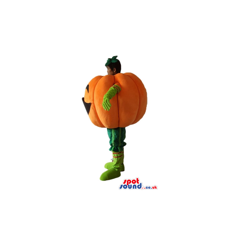Smiling orange pumpkin with green arms and legs - Custom Mascots