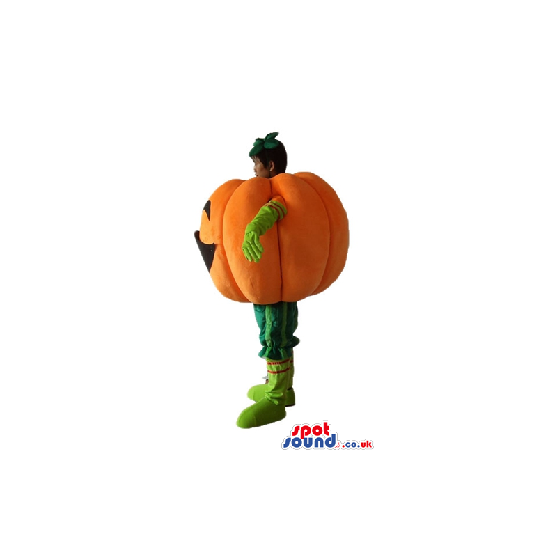 Smiling orange pumpkin with green arms and legs - Custom Mascots Smiling orange pumpkin with green arms and legs - Custom Mascots