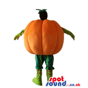 Smiling orange pumpkin with green arms and legs - Custom Mascots