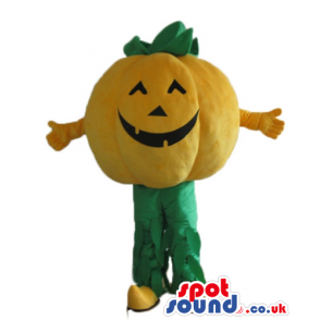 Smiling orange pumpkin with green arms and legs - Custom Mascots