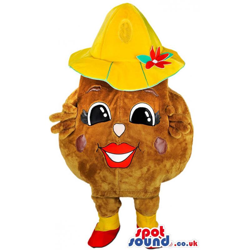 Cookie mascot with yellow hat,red shoes and in brown - Custom