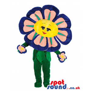 Flower Mascot With Blue Petals, Green Leaves And Lovely Face -