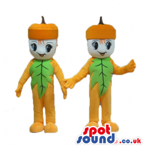 2 white cats wearing an orange suit with a green leaf as a tie