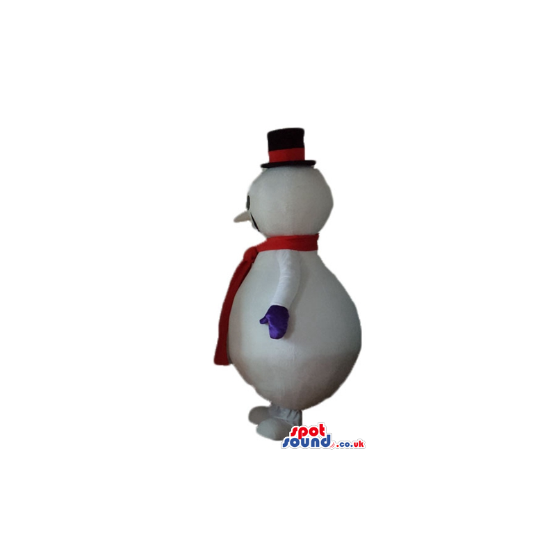 Snowman with round black eyes wearing a black tophat and a red