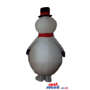 Snowman with round black eyes wearing a black tophat and a red