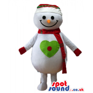 Smiling snowman with an orange carrot nose wearing a red scarf