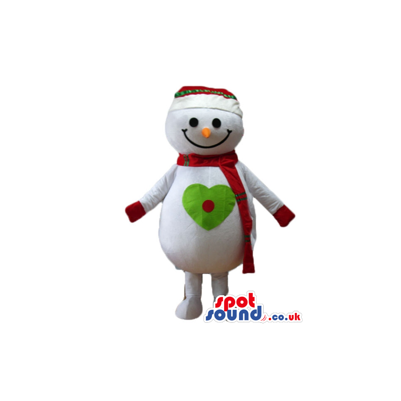 Smiling snowman with an orange carrot nose wearing a red scarf