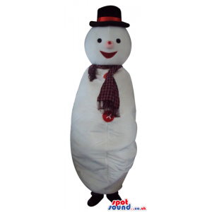 Smiling snowman with a pink nose wearing a black hat and a