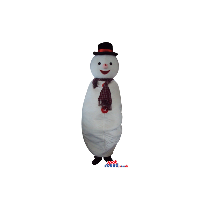Smiling snowman with a pink nose wearing a black hat and a