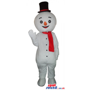 Snowman with round black eyes wearing a black tophat and a red