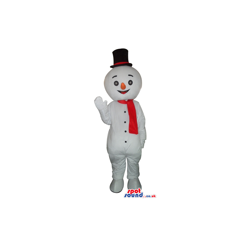 Snowman with round black eyes wearing a black tophat and a red