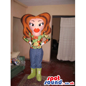 Lady Mascot With Big Face, Lips And Brown Hairstyle And Boots