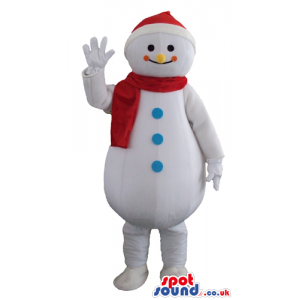 Smiling snowman with yellow nose and orange cheeks wearing a