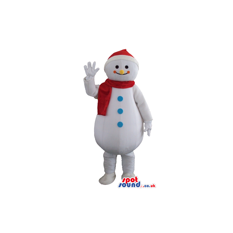 Smiling snowman with yellow nose and orange cheeks wearing a