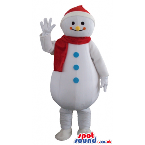 Smiling snowman with yellow nose and orange cheeks wearing a