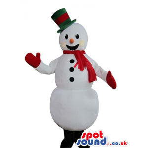 Snowman with round black eyes wearing a green tophat, a red