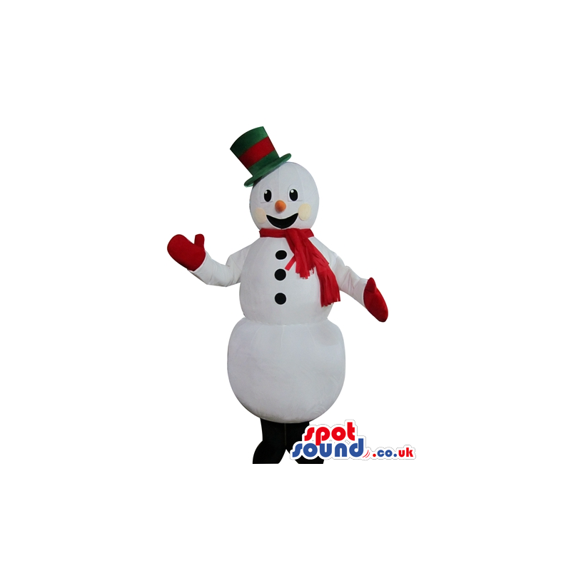 Snowman with round black eyes wearing a green tophat, a red