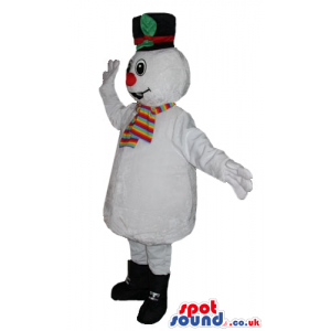 Smiling snowman with big eyes and a big red nose wearing black