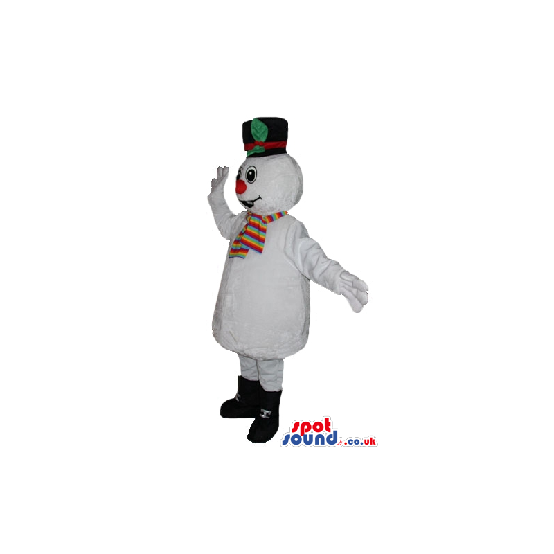 Smiling snowman with big eyes and a big red nose wearing black