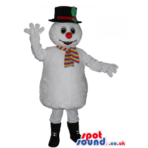 Smiling snowman with big eyes and a big red nose wearing black