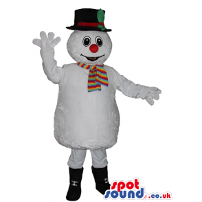Smiling snowman with big eyes and a big red nose wearing black