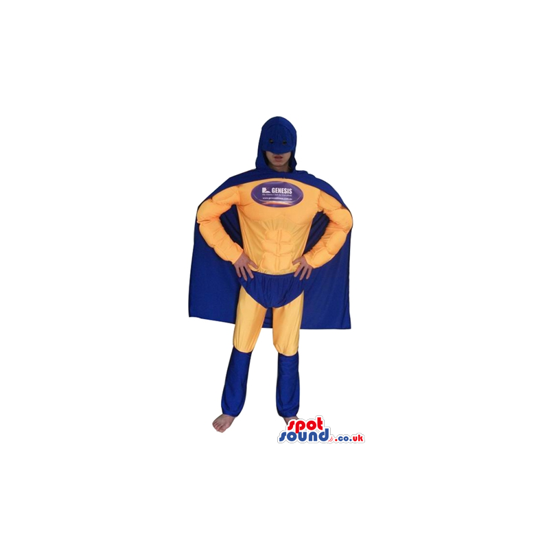 Super hero wearing a yellow suit, blue trunks, a blue mask and