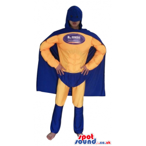 Super hero wearing a yellow suit, blue trunks, a blue mask and