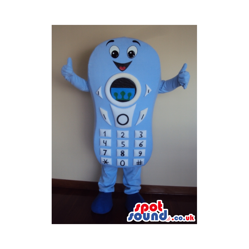 Blue Mobile Cell Phone Mascot With Big Keys And Face - Custom